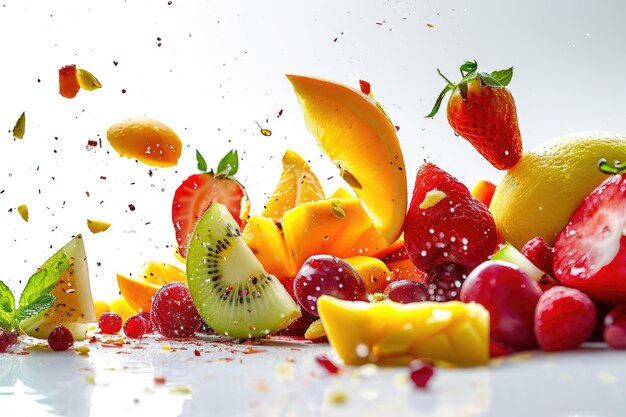 Des fruits tombant sur un fond blanc