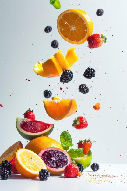 Des fruits tombant sur un fond blanc