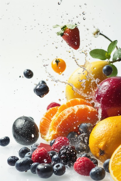 Des fruits tombant sur un fond blanc