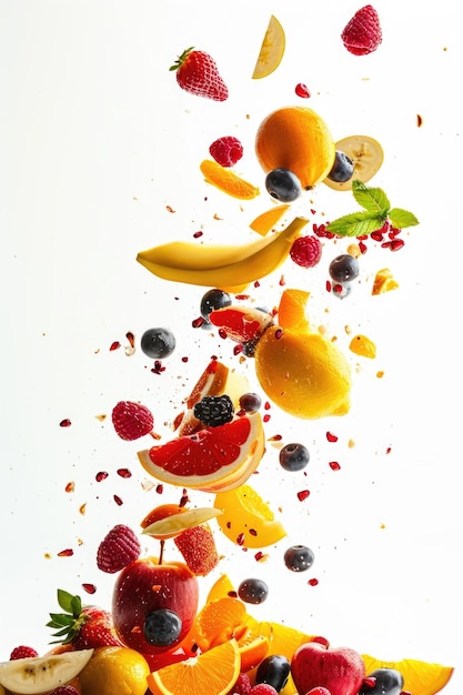 Des fruits tombant sur un fond blanc