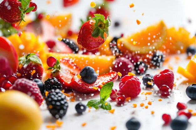 Des fruits tombant sur un fond blanc