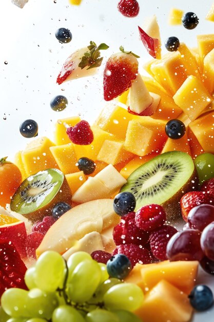 Photo des fruits tombant sur un fond blanc