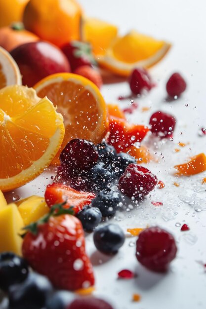 Photo des fruits tombant sur un fond blanc