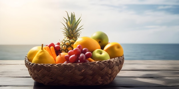 Fruits tropicaux dans un panier de guichet avec la lumière du soleil sur une table en bois avec copie espace fond océanique