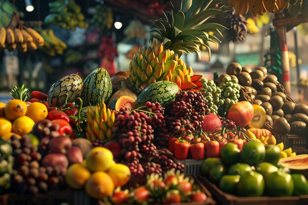 Des fruits tropicaux exotiques empilés au marché