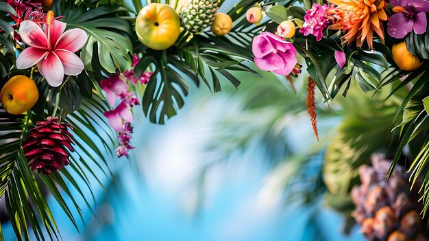 Photo des fruits tropicaux et des fleurs exotiques entrelacés avec de la verdure sur un ciel bleu vif