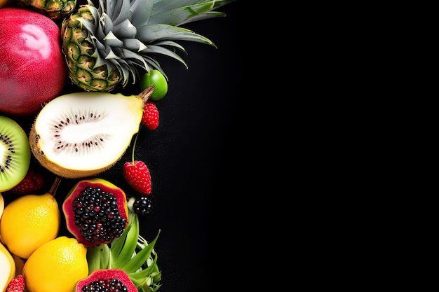 Fruits tropicaux fruit de la passion ananas fruit du dragon kiwi et cactus sur un fond noir vue supérieure Espace libre pour le texte