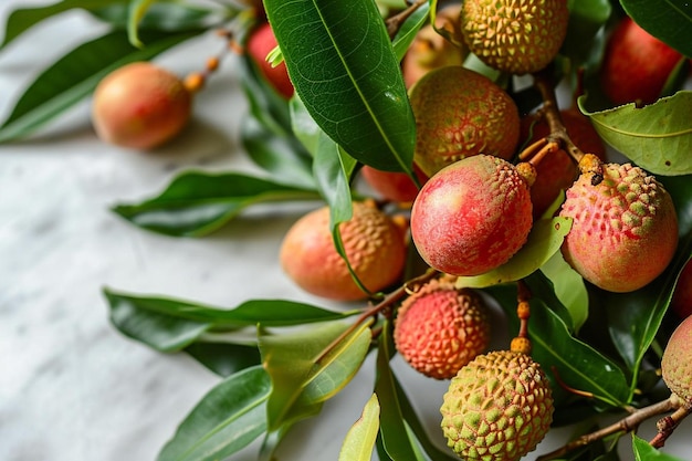 Fruits tropicaux de litchi avec des feuilles sur fond blanc