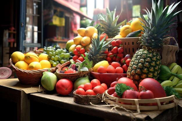 Des fruits tropicaux sur un stand de marché animé