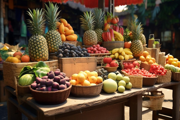 Des fruits tropicaux sur un stand de marché animé