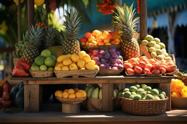 Des fruits tropicaux sur un stand de marché animé