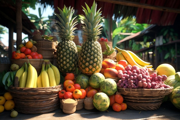 Des fruits tropicaux sur un stand de marché animé