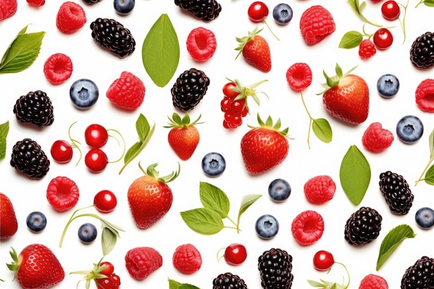 Fruits variés et feuilles de menthe avec des gouttes d'eau isolées sur fond blanc