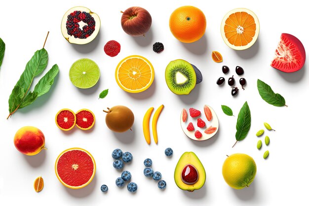 Photo fruits variés sur fond blanc fruits de fantaisie frais et juteux