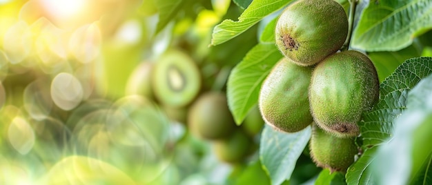 des fruits verts sur un arbre avec le soleil qui brille à travers eux