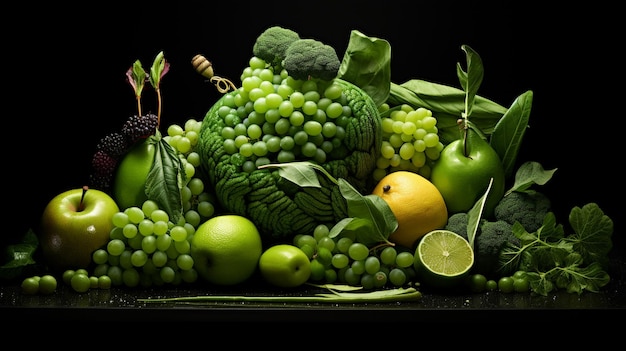 Photo fruits verts frais avec des légumes isolés sur le noir
