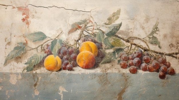 Des fruits sur une vieille fresque murale fissurée Peinture vintage de nourriture Art antique de la nature morte Concept de beauté Peinture murale Histoire de la civilisation du raisin et de l'Antiquité