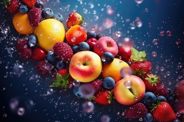 Des fruits volants abstraits dans des éclaboussures d'eau