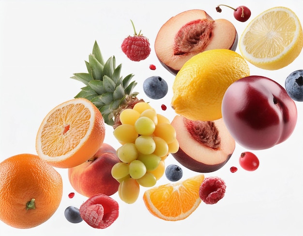 Des fruits volants créatifs sur fond blanc