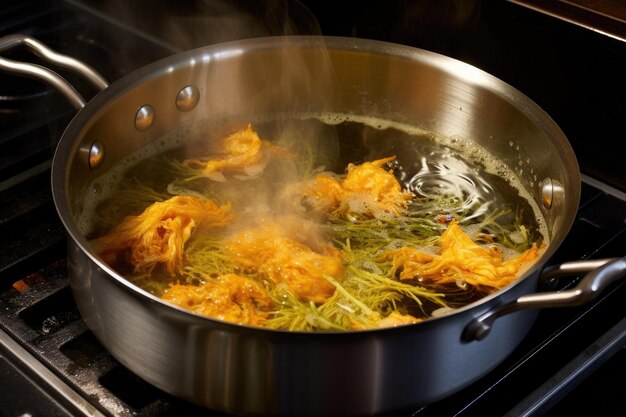 Frying tempura dans une casserole à l'huile chaude bouillonnante