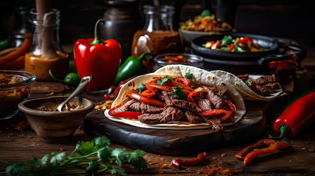 Fujitas avec de la viande et des morceaux de poivre rouge et vert sur une assiette en bois avec un fond flou