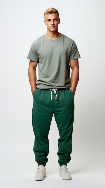 Full Body Shot of Man in Green TShirt et pantalons de survêtement fond blanc