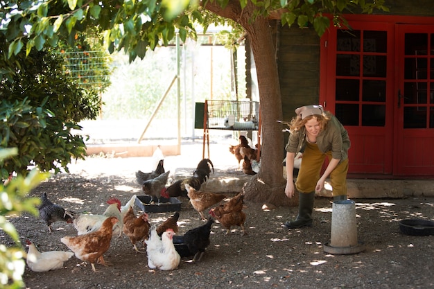 Full shot femme nourrissant des poules