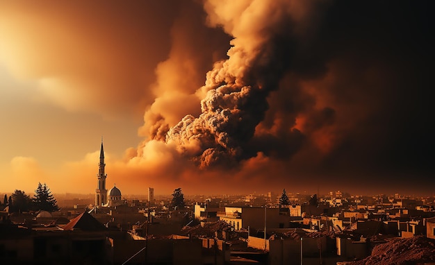 Photo fume s'élevant autour d'un minaret de mosquée après les frappes israéliennes sur la bande de gaza vue de gaza