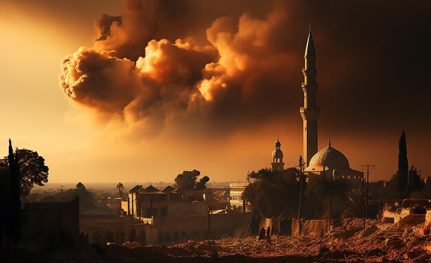 Photo fume s'élevant autour d'un minaret de mosquée après les frappes israéliennes sur la bande de gaza vue de gaza