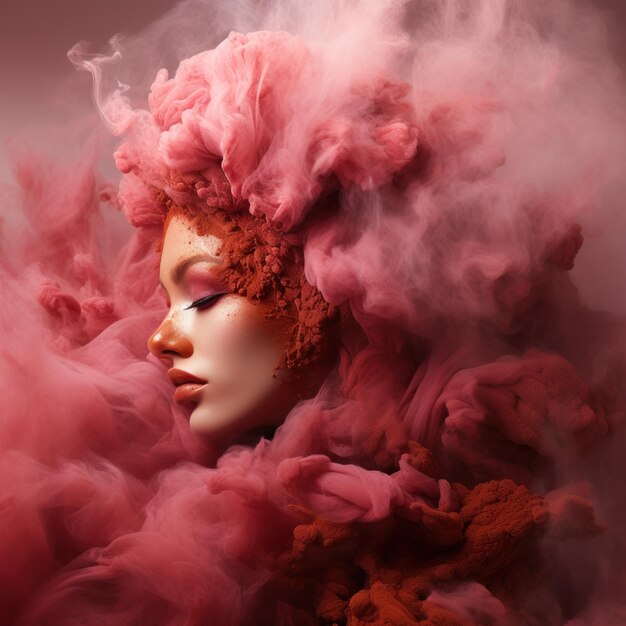 La fumée et les couleurs Femme fumeuse Portrait de femme avec des pigments de pêche rose rouge foncé avec un gradient de brouillard fumé rose Joyeux 8 mars Jour de la femme