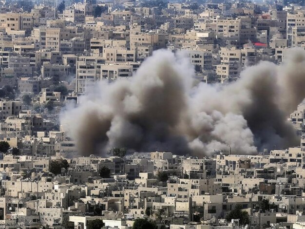 La fumée et les flammes s'élèvent d'un bâtiment de la tour alors qu'il est détruit par des frappes aériennes israéliennes au milieu d'une explosion.