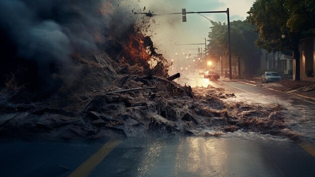 Photo fumée d'une grosse voiture sur la route de la ville