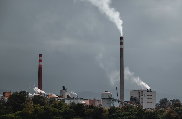 Fumée industrielle de cheminée sur ciel nuageux