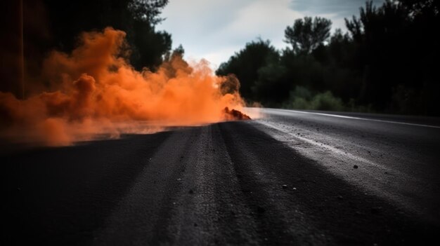 Fumée orange d'une voiture sur une route