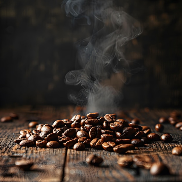 La fumée qui s'élève des grains de café sur une table en bois renforce l'arôme du plat.