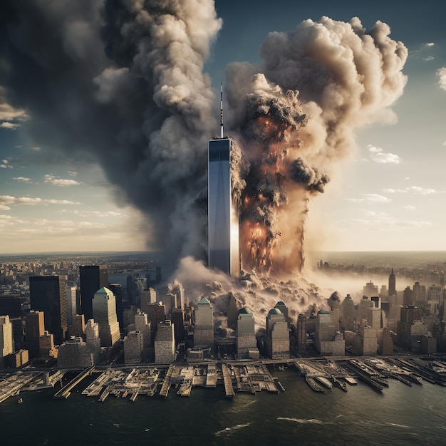 De la fumée s'échappe de la tour jumelle après une collision de vol avec les Twin Towers Generative Ai
