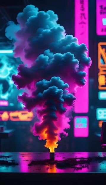 Une fumée de vape avec un fond cyberpunk réaliste