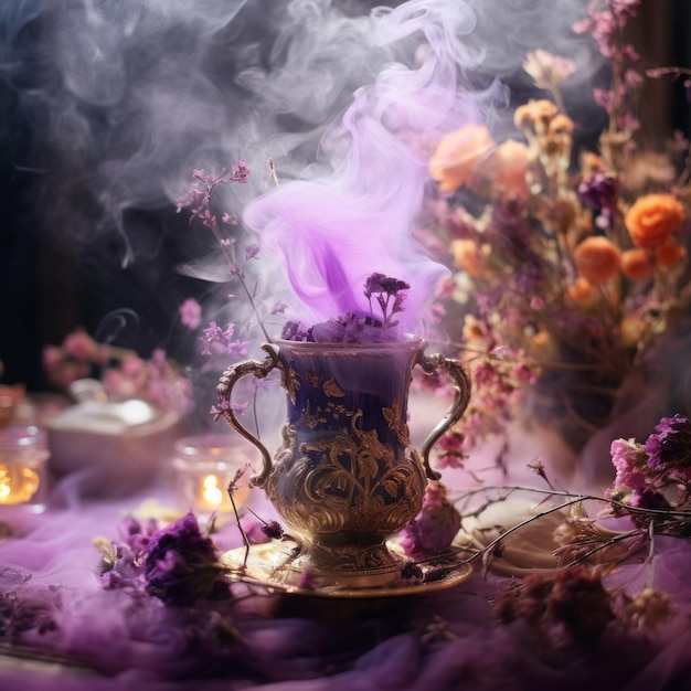 une fumée violette sortant d'une tasse