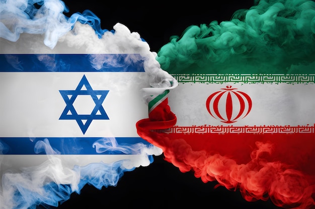 Des fumées soyeuses forment des drapeaux d'Israël et d'Iran évoquant le conflit