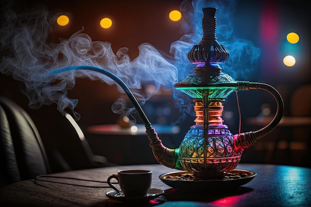 Fumer la chicha avec des lumières multicolores dans le narguilé du café