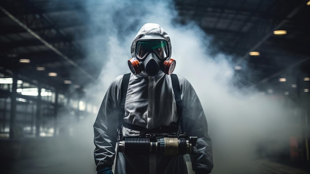 Fumigateur à pleine vitesse en action dans un environnement industriel atmosphère brumeuse