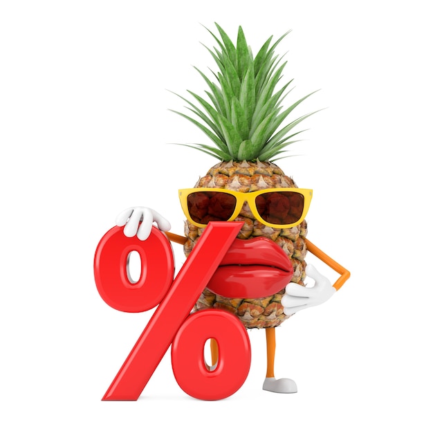 Fun Cartoon Fashion Hipster Cut Ananas Personne Personnage Mascotte avec Red Retail Pourcentage Vente ou Remise Signer sur un fond blanc. Rendu 3D