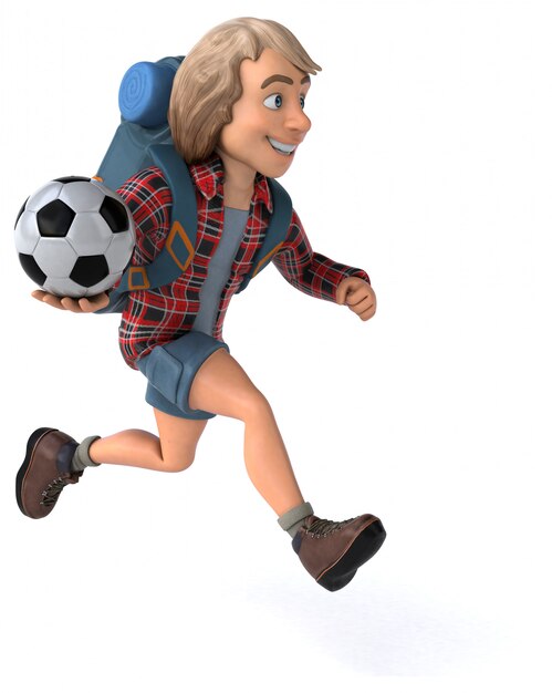 Fun cartoon guy backpacker avec ballon de foot