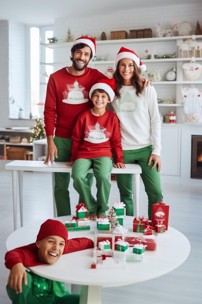 Photo fun familial de fête déballage de la joie et de l'unité dans des sweatshirts colorés au cou de l'équipage