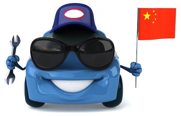Fun voiture illustrée tenant le drapeau de la Chine