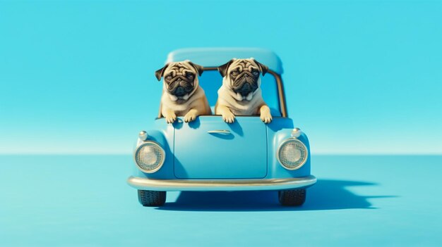 Funny carlin chien et chat avec des lunettes de soleil en petite voiture sur fond bleu clair