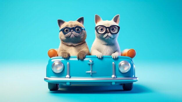 Funny carlin chien et chat avec des lunettes de soleil en petite voiture sur fond bleu clair