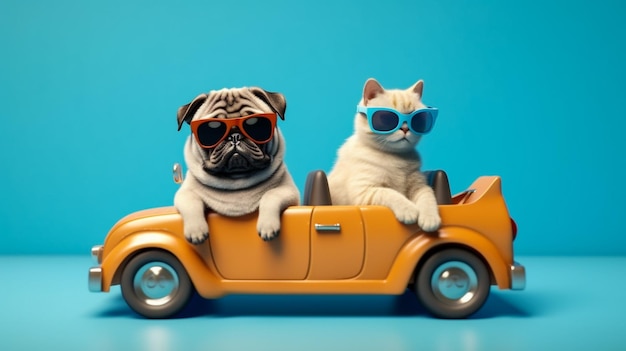 Funny carlin chien et chat avec des lunettes de soleil en petite voiture sur fond bleu clair