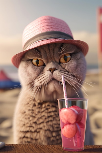 Funny cat scottish fold en chapeau rose sur la plage