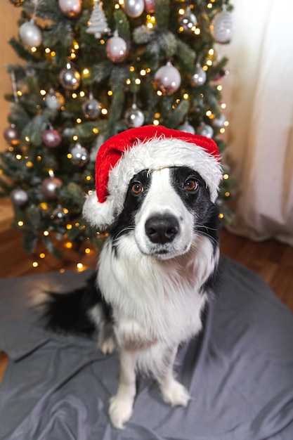 Funny cute puppy dog border collie portant costume de noël chapeau de père noël rouge près de l'arbre de noël